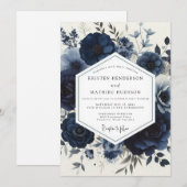 Marineblaue Blumenhochzeit Einladung (Vorne/Hinten)