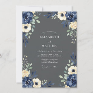 Marineblaue Blumenhochzeit Einladung