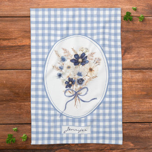 Marineblaue Blumenstrauß Gingham Personalisiert Geschirrtuch