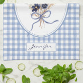 Marineblaue Blumenstrauß Gingham Personalisiert Geschirrtuch (Gefaltet)