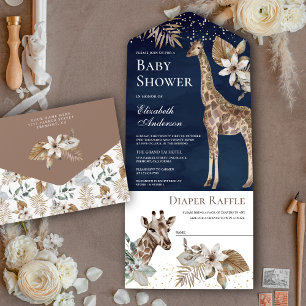Marineblaue Boho-Wilde-Safari-Giraffen-Baby-Party All In One Einladung