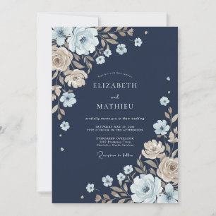 Marineblaue botanische Launen Hochzeit Einladung