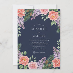 Marineblaue Brautstrauß mit floralen Elementen in Einladung