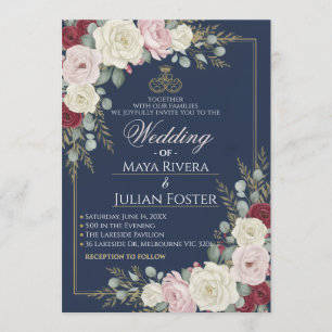 Marineblaue Burgunderrote Blush Blumen Goldrahmen Einladung