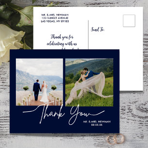 Marineblaue Casual Script Foto Hochzeit Danke Postkarte