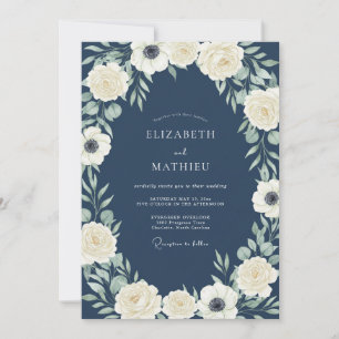 Marineblaue Creme-Blumenbogen-Hochzeit Einladung