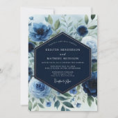 Marineblaue florale Eleganz Hochzeit Einladung (Vorderseite)