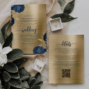 Marineblaue Florale Gold Metallische QR-Code-Hochz Einladung