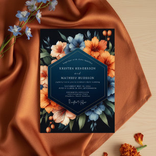 Marineblaue Florale Herbstromanze Hochzeit Einladung