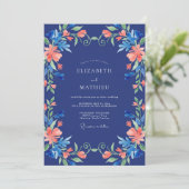 Marineblaue Florale Hochzeit Einladung (Stehend Vorderseite)