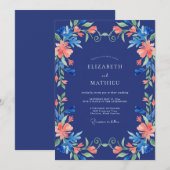 Marineblaue Florale Hochzeit Einladung (Vorne/Hinten)