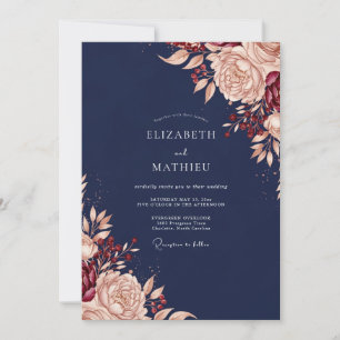 Marineblaue Florale Hochzeit im Romantikstil Einladung