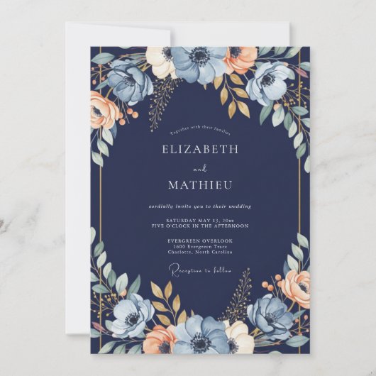 Marineblaue Florale Hochzeitsbogen Einladung (Vorderseite)