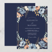 Marineblaue Florale Hochzeitsbogen Einladung (Vorne/Hinten)