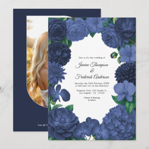 Marineblaue Florale Hochzeitsfoto- und QR-Code-Hoc Einladung
