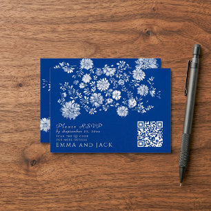 Marineblaue Florale QR-Code-Hochzeitsdetails-Karte Begleitkarte