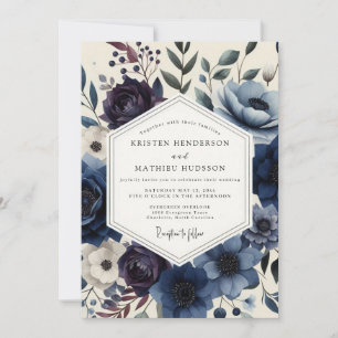 Marineblaue Florale Romanze Hochzeit Einladung