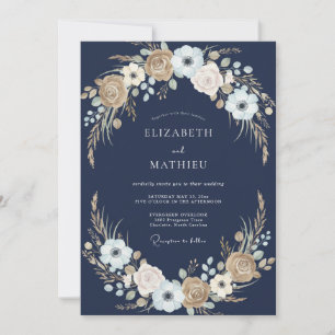 Marineblaue Florale Rustikale Romantische Hochzeit Einladung