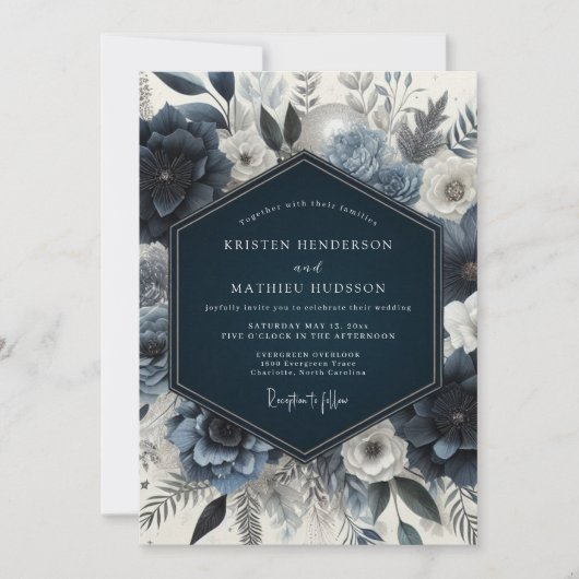 Marineblaue Florale Stimmungs-Hochzeit Einladung (Vorderseite)