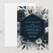 Marineblaue Florale Stimmungs-Hochzeit Einladung (Vorne/Hinten)
