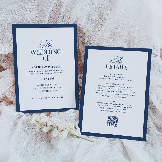 Marineblaue formelle Hochzeit mit RSVP-QR-Code Einladung