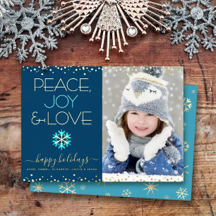 Marineblaue Frieden Freude Liebe Foto Schneeflocke Folien Feiertagskarte