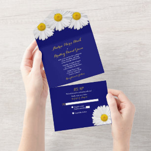 Marineblaue Gänseblümchen-Hochzeits-RSVP-All-in-On All In One Einladung