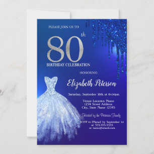 Marineblaue Glittertropfen, Kleid Blau 80. Geburts Einladung