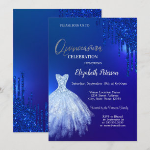 Marineblaue Glittertropfen, Kleid Blau Quinceañera Einladung