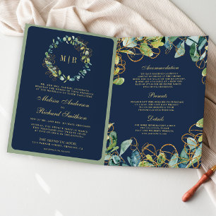 Marineblaue Gold-Eukalyptus-Kranz-QR-Code-Hochzeit Einladung