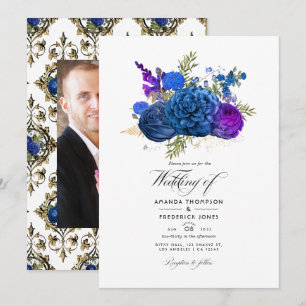 Marineblaue, Gold- und Purpur-farbene Vintage-Blum Einladung