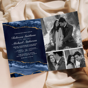 Marineblaue Goldachat-Fotocollage-QR-Code-Hochzeit Einladung