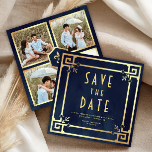 Marineblaue Goldene Art Deco Foto Collage Hochzeit Save The Date