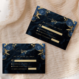 Marineblaue Goldene Florale Achat Schrift Hochzeit Begleitkarte