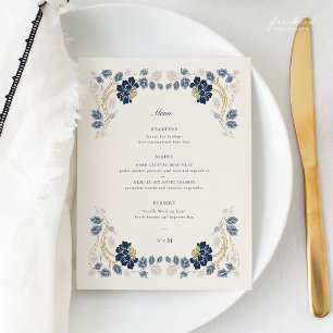 Marineblaue Goldene Florale Art Nouveau Hochzeit Menükarte
