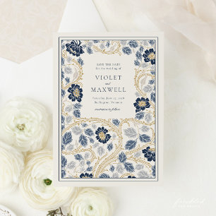 Marineblaue Goldene Florale Save-The-Date-Karte