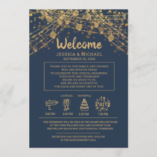 Marineblaue Goldene Lichterkette Hochzeitsplan Einladung