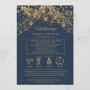 Marineblaue Goldene Lichterkette Hochzeitsplan Einladung