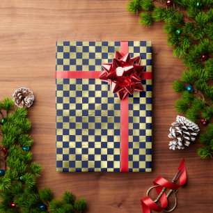 Marineblaue goldene metallische Schachbrettmuster  Geschenkpapier