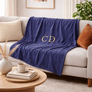 Marineblaue goldene monogrammierte Initialen Luxus Fleecedecke