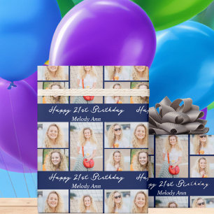 Marineblaue Happy Birthday Foto-Collage Geschenkpapier