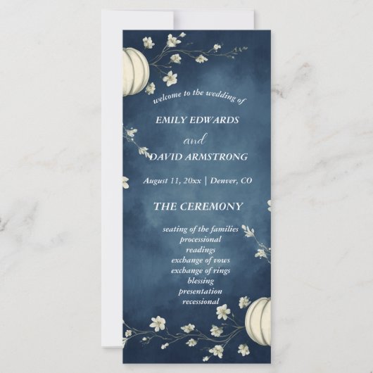 Marineblaue Herbst-Kürbis-Hochzeitsprogramm (Vorderseite)