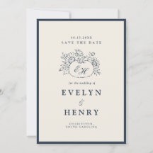 Marineblaue Herbst-Monogramm-Hochzeitseinladung zu