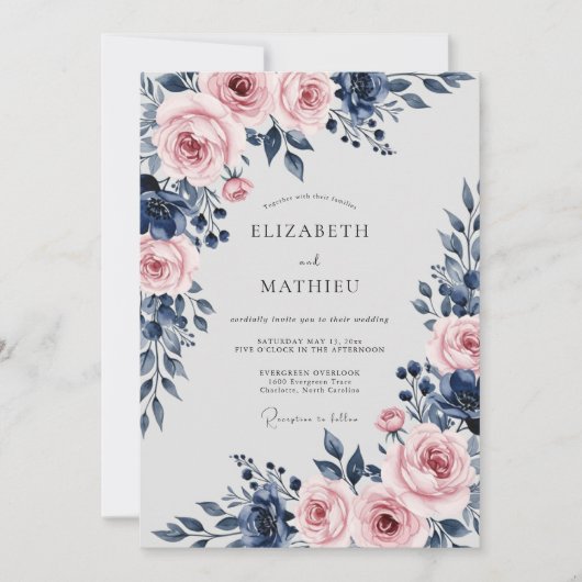 Marineblaue himmlische Blumenhochzeit Einladung (Vorderseite)