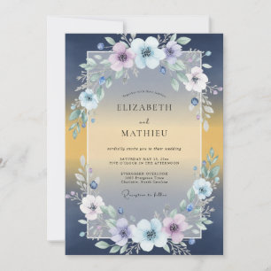 Marineblaue Hochzeit mit goldenen Blättern Einladung