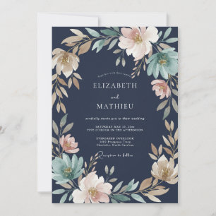Marineblaue Hochzeit mit rosa Kranz Einladung