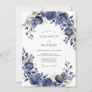 Marineblaue Hochzeit mit vergoldeter Blütenromanti Einladung