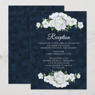 Marineblaue Hochzeitsempfang mit weißen Blumen Einladung