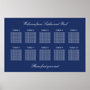Marineblaue Hochzeitstischordnung mit 10 Tischen P Poster