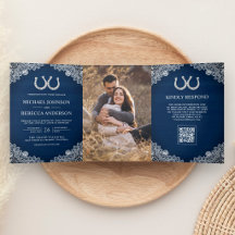 Marineblaue Hufeisen-Spitzen-Foto-QR-Code-Hochzeit